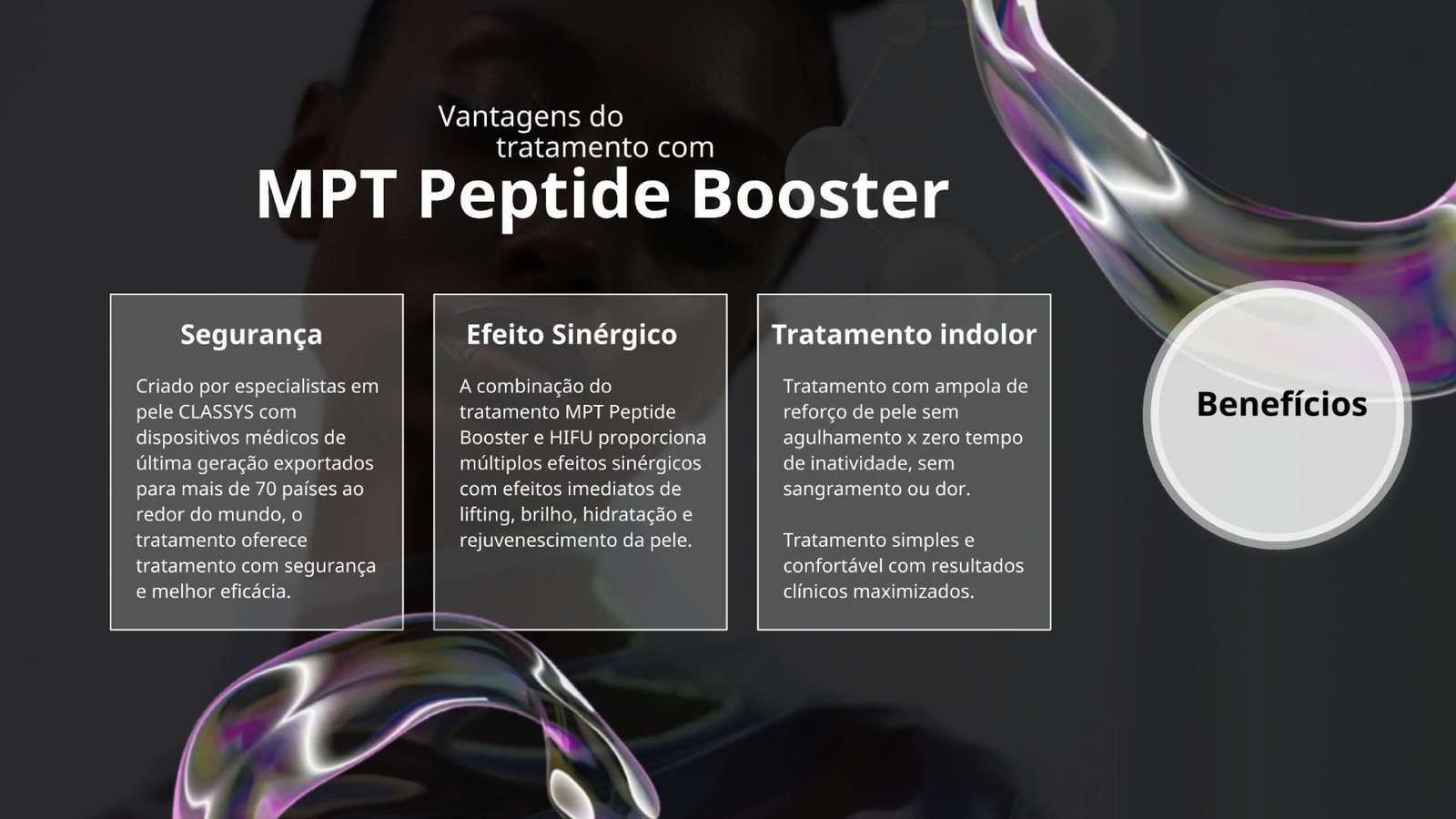 Vantagens do tratamento com MPT Peptide Booster: segurança, com dispositivos médicos da CLASSYS exportados para mais de 70 países; efeito sinérgico, pela combinação com o HIFU, com lifting, brilho, hidratação e rejuvenescimento imediatos; e tratamento indolor, sem agulhamento, sem sangramento e sem tempo de inatividade.